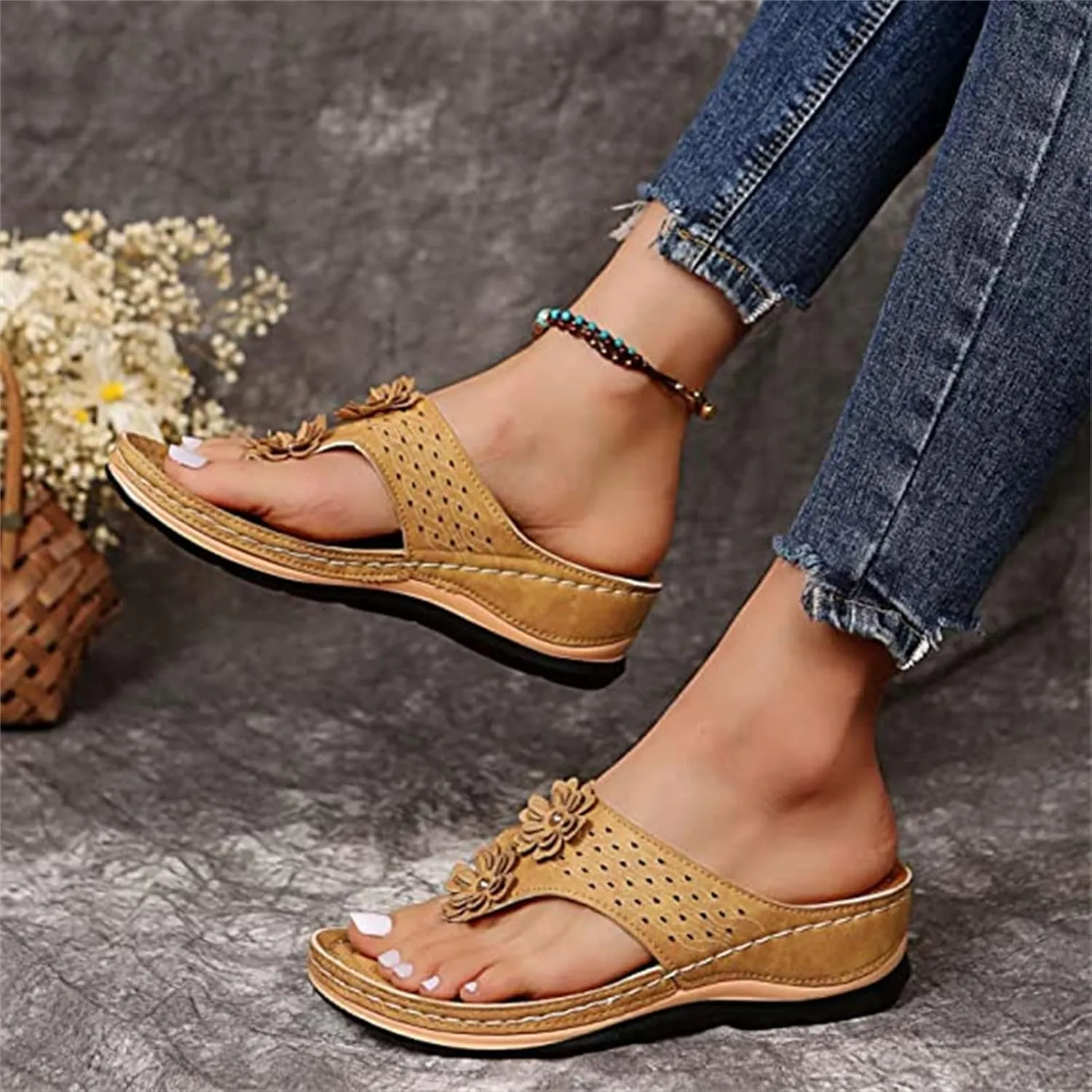 Ladmiple Sandals Women Comfortable Dressy Slip On Flat Sandals Fashion Orthotic Slides With Plantar Fasciitis Arch Support
