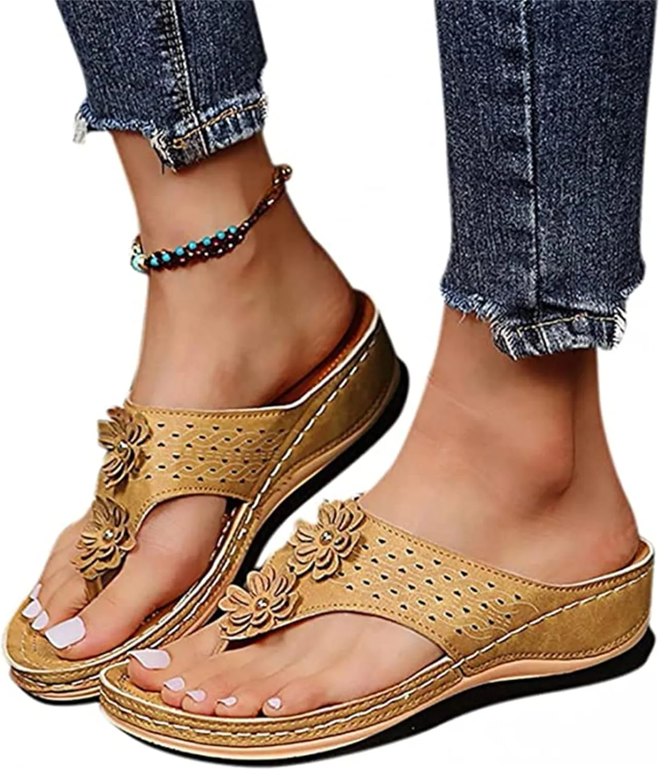 Ladmiple Sandals Women Comfortable Dressy Slip On Flat Sandals Fashion Orthotic Slides With Plantar Fasciitis Arch Support
