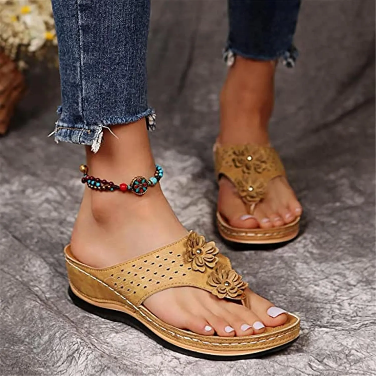 Ladmiple Sandals Women Comfortable Dressy Slip On Flat Sandals Fashion Orthotic Slides With Plantar Fasciitis Arch Support