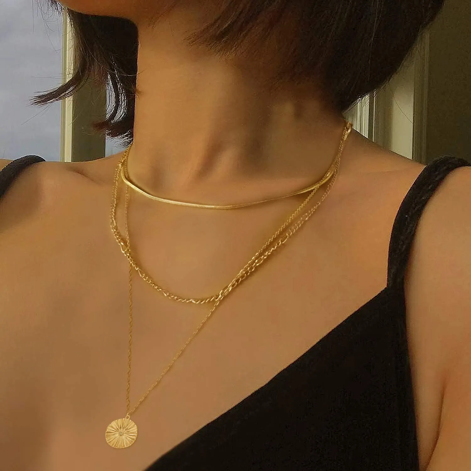LANE WOODS Gold Layered Necklaces for Women Girls Dainty Layering Coin Lock Eye Snake Pendant Jewelry Gifts