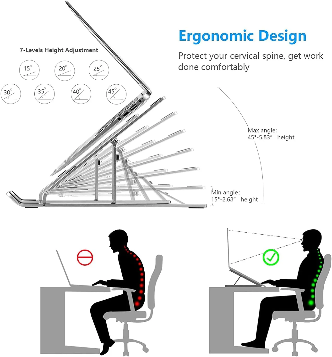Laptop Stand for Desk, Ergonomic Design Adjustable Aluminum Foldable Portable Computer Stand, Compatible with MacBook Air Pro, HP, Lenovo, Dell, More 10-15.6Inch and Tablets (Silver)