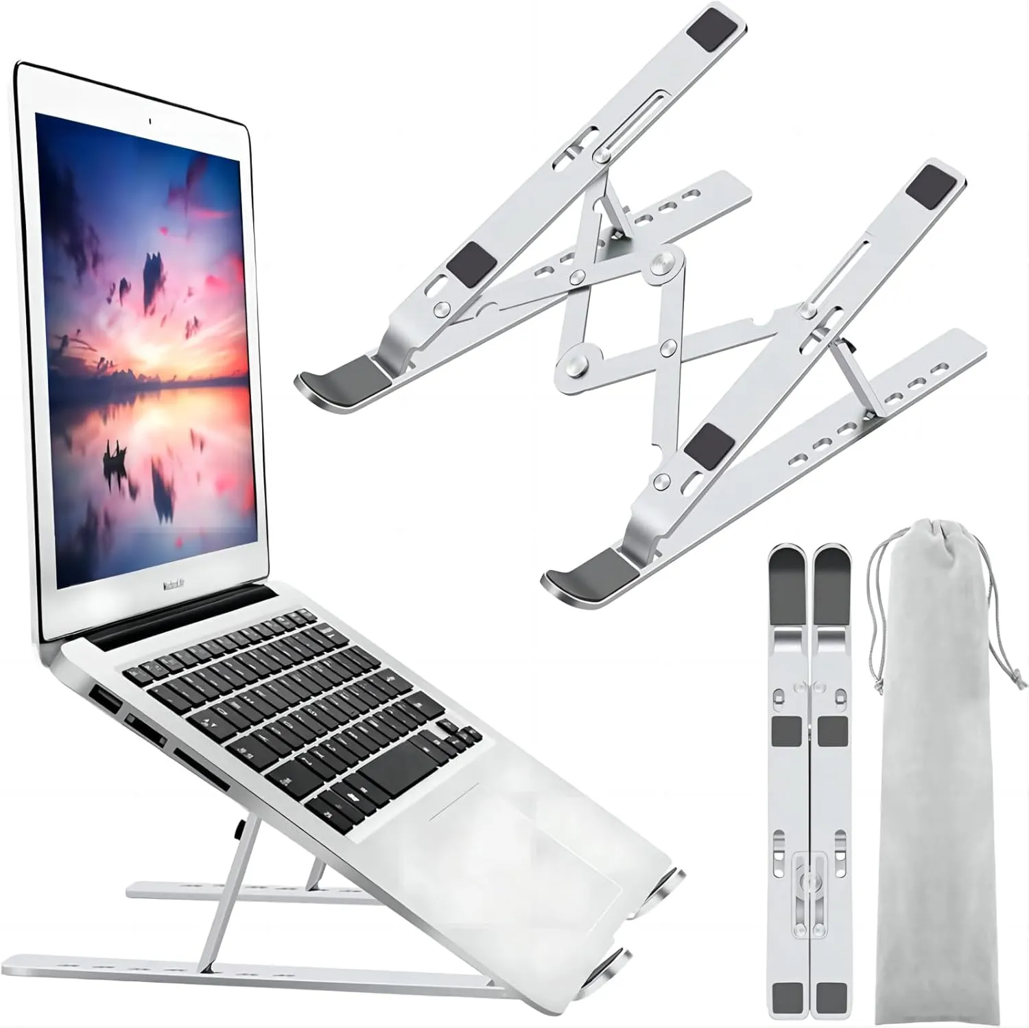 Laptop Stand for Desk, Ergonomic Design Adjustable Aluminum Foldable Portable Computer Stand, Compatible with MacBook Air Pro, HP, Lenovo, Dell, More 10-15.6Inch and Tablets (Silver)