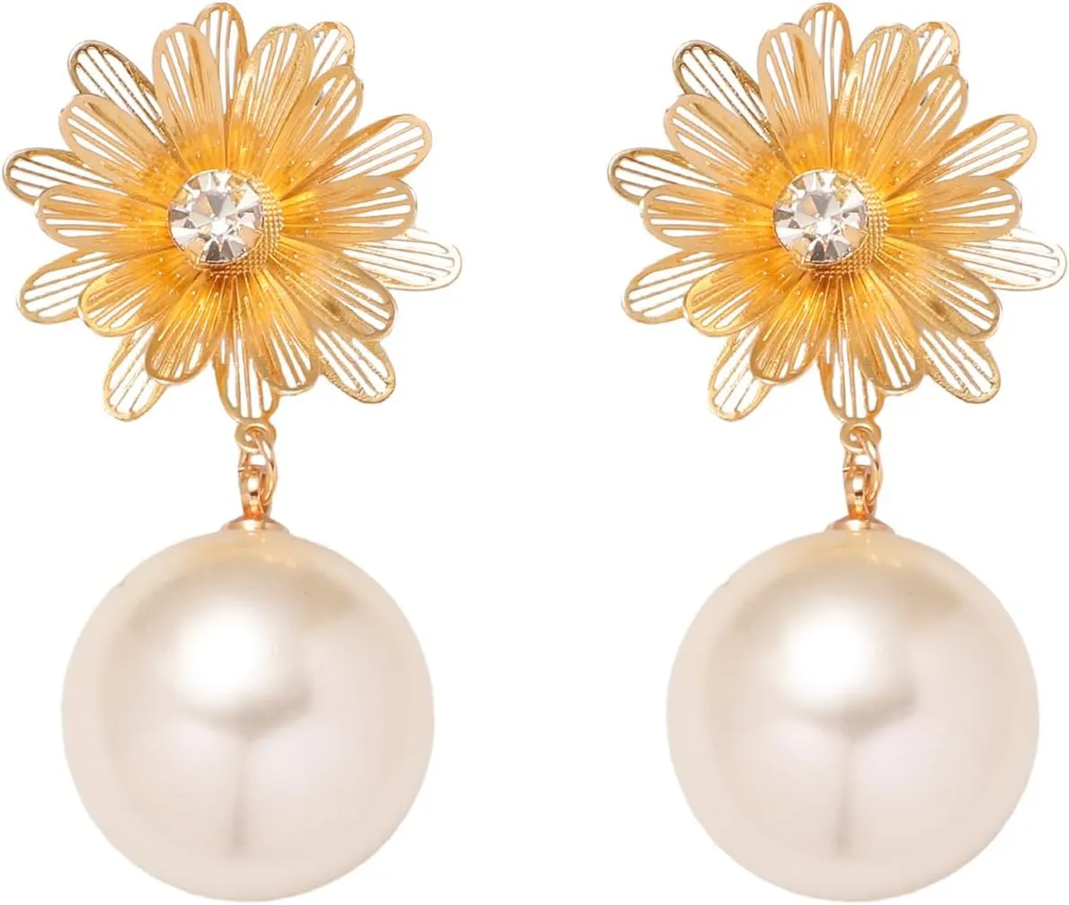 Large Pearl Gold Flower Dangle Earrings for Women Mom Rhinestone Big Statement Drop Pearl Floral Petal Earring Prom Wedding Jewelry