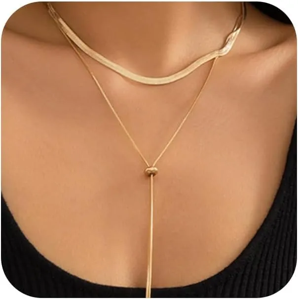 Layered Long Gold Choker Statement Y Necklaces for Women Dainty, Trendy Silver Beads Snake Chain Lariat Necklace Exquisite Party Prom Jewelry Accessories