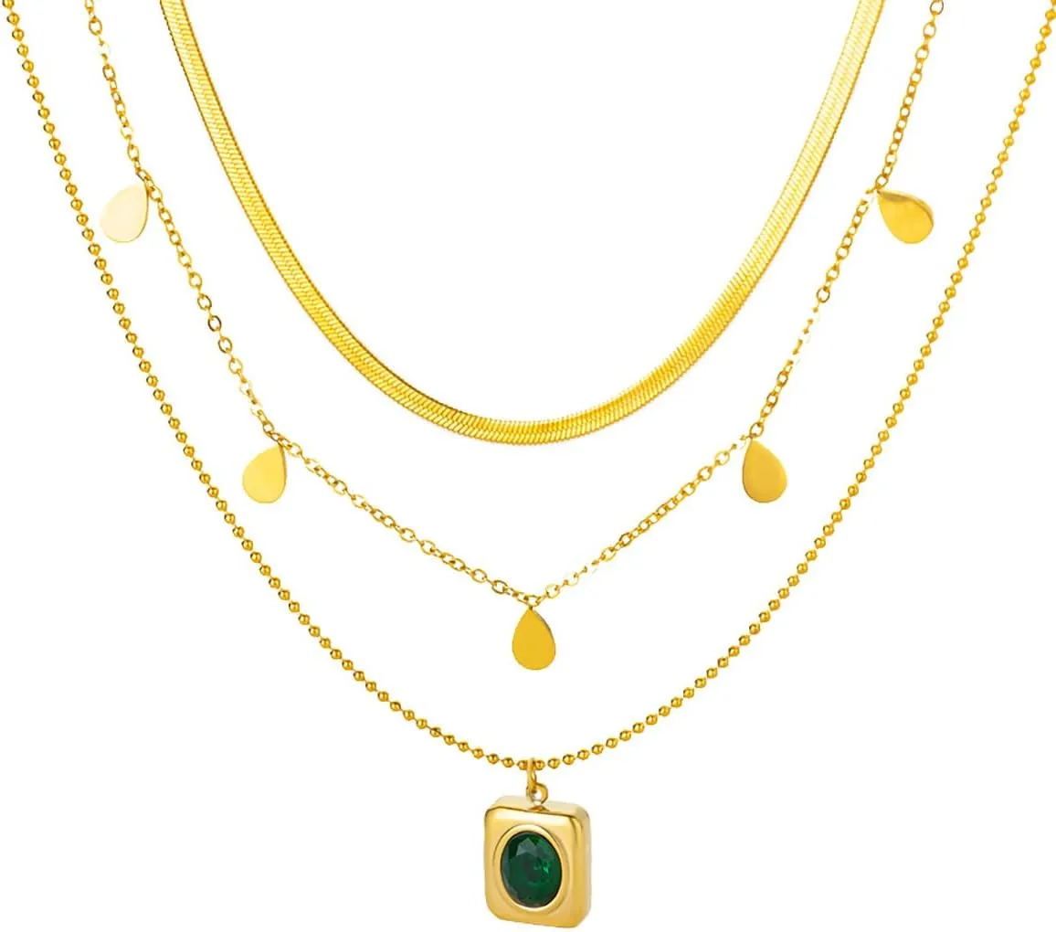Layered Necklaces for Women with Created Emerald Birthstone Pendant, Stackable Dainty 18K Gold Plated Trendy Chain Jewelry