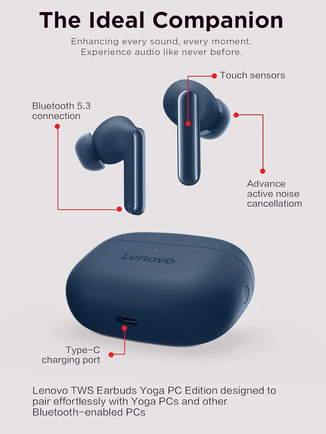 Lenovo TWS Earbuds Yoga PC Edition Cosmic Blue Active Noise Cancellation Bluetooth 5.3 Wireless Earbuds ENC 3-Mic Clear Calls AI EQ Mode Switch for Gaming, Movies, Music, and Meetings