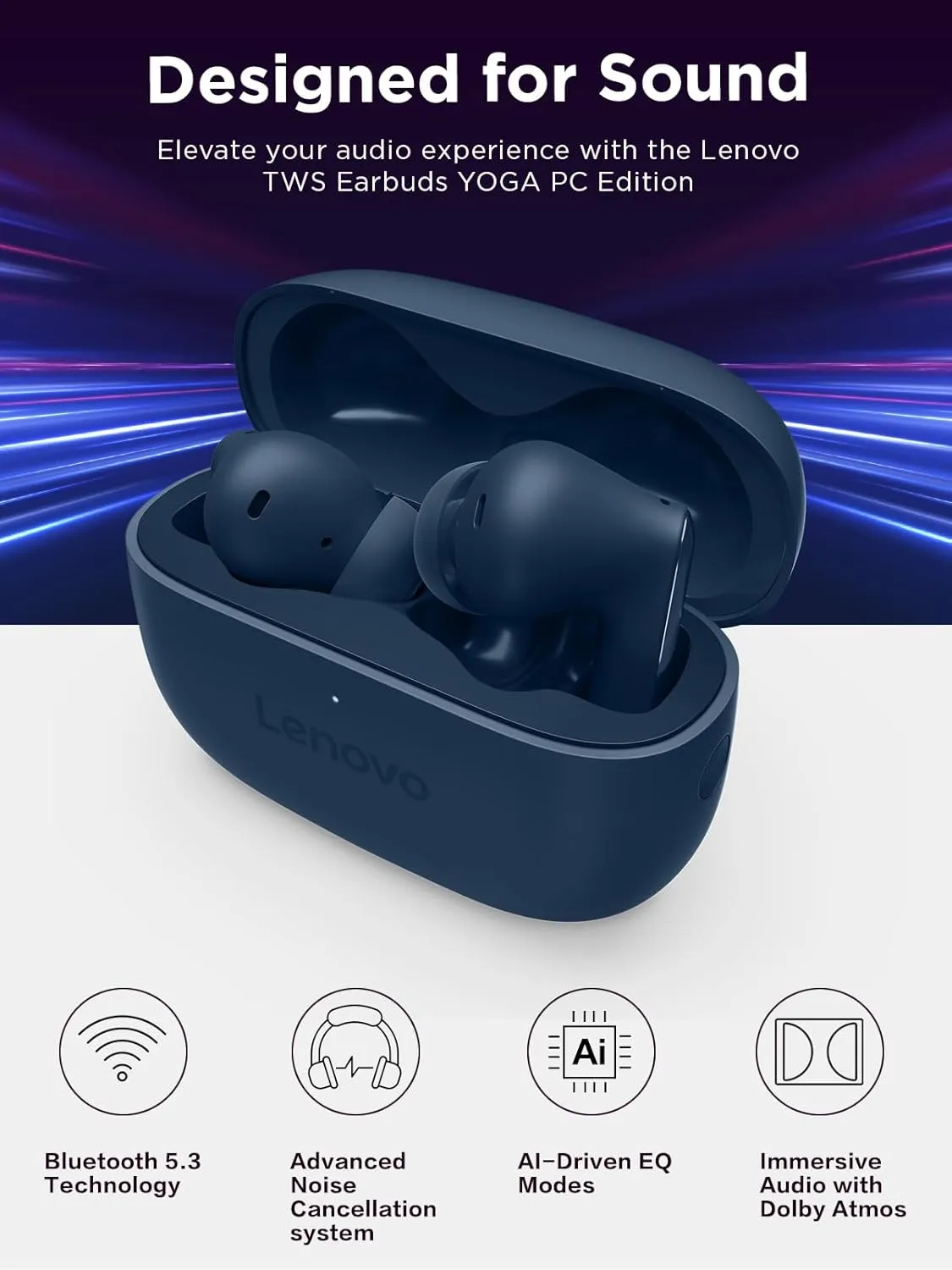 Lenovo TWS Earbuds Yoga PC Edition Cosmic Blue Active Noise Cancellation Bluetooth 5.3 Wireless Earbuds ENC 3-Mic Clear Calls AI EQ Mode Switch for Gaming, Movies, Music, and Meetings