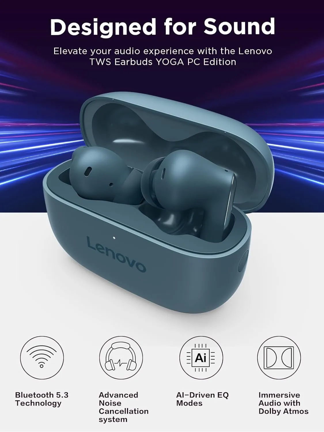 Lenovo TWS Earbuds Yoga PC Edition Tidal Teal Active Noise Cancellation Bluetooth 5.3 Wireless Earbuds ENC 3-Mic Clear Calls AI EQ Mode Switch for Gaming, Movies, Music, and Meetings