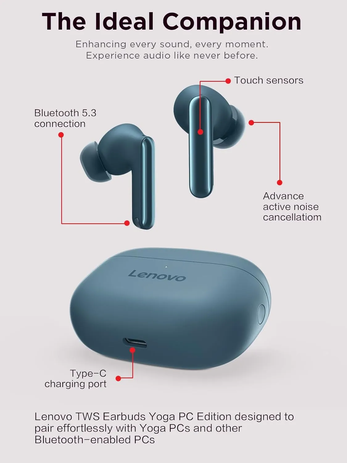 Lenovo TWS Earbuds Yoga PC Edition Tidal Teal Active Noise Cancellation Bluetooth 5.3 Wireless Earbuds ENC 3-Mic Clear Calls AI EQ Mode Switch for Gaming, Movies, Music, and Meetings