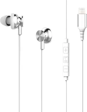 Lightning Earbuds with Built-in Mic, Silver Wired Earbuds Lightning Connector with Audio Controls, Noise Reduction, 4-FT Cord, 3 Extra Ear Gels, Carrying Case