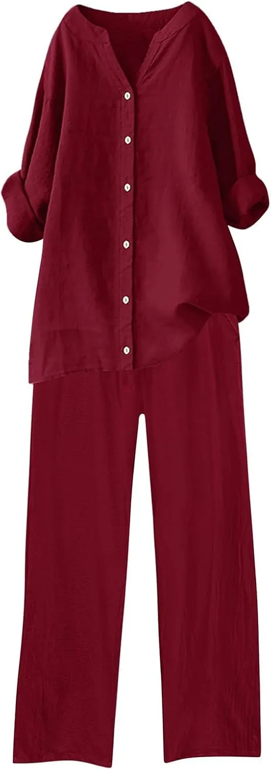 Linen Set For Women 2 Piece Summer Outfits Plus Size Short Sleeve Graphic Tees Capri Pants Lounge Matching Sets