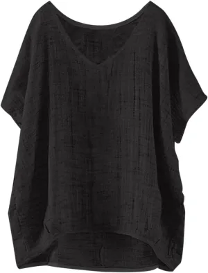 Linen Shirts for Women Summer Casual Trendy Boho Plus Size Shirts Crewneck Short Sleeve Cute Tops Loose Fit Blouses