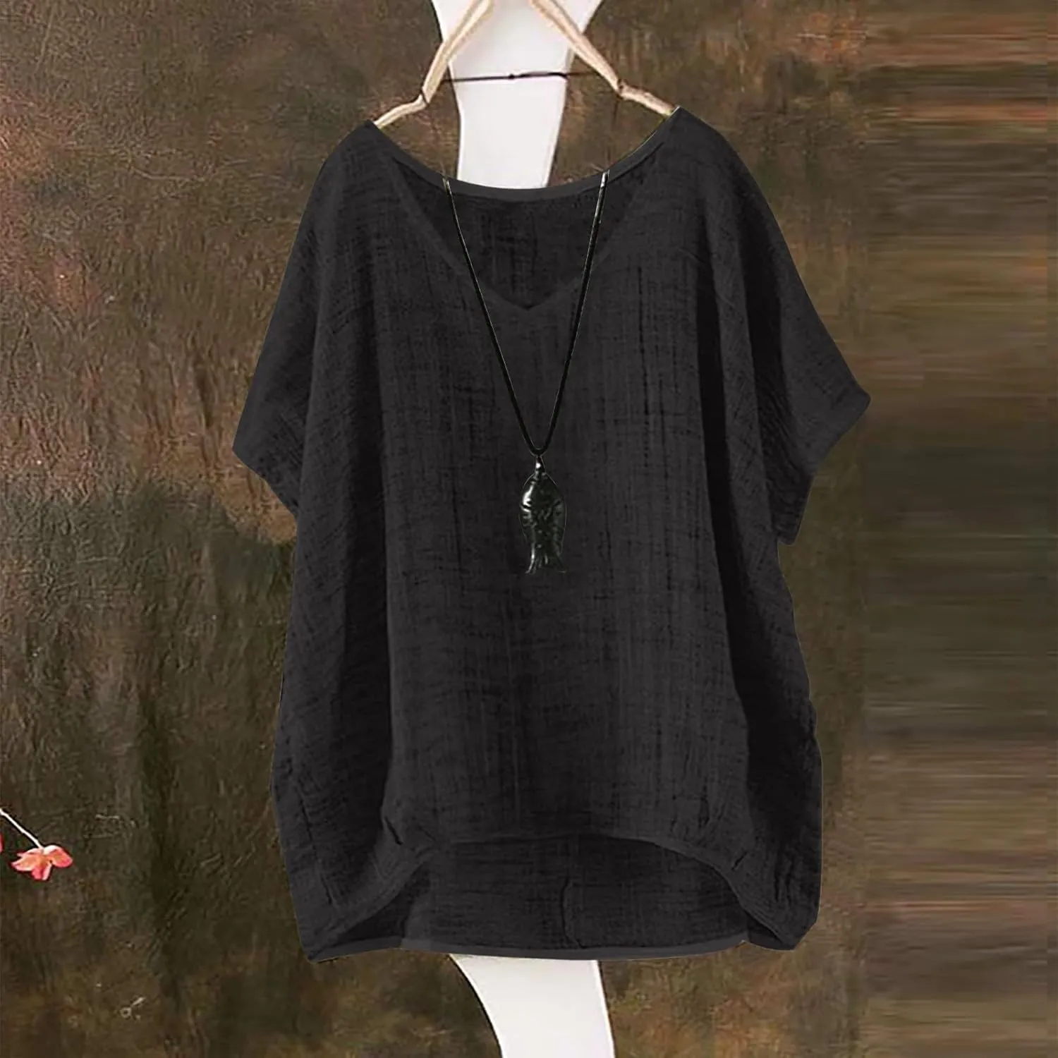 Linen Shirts for Women Summer Casual Trendy Boho Plus Size Shirts Crewneck Short Sleeve Cute Tops Loose Fit Blouses