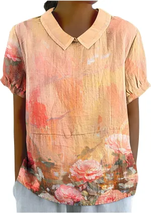 Linen Shirts for Women Summer Lightweight Short Sleeve Tunic Tshirts Cute Collared Tops Business Work Casual Blouses