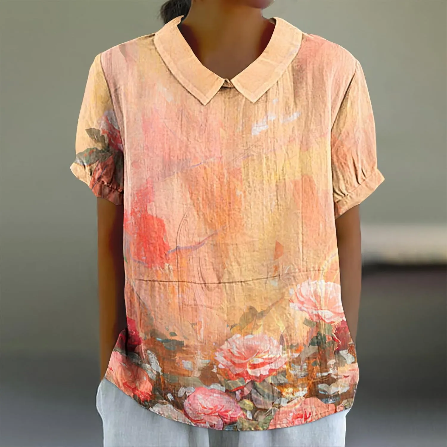 Linen Shirts for Women Summer Lightweight Short Sleeve Tunic Tshirts Cute Collared Tops Business Work Casual Blouses