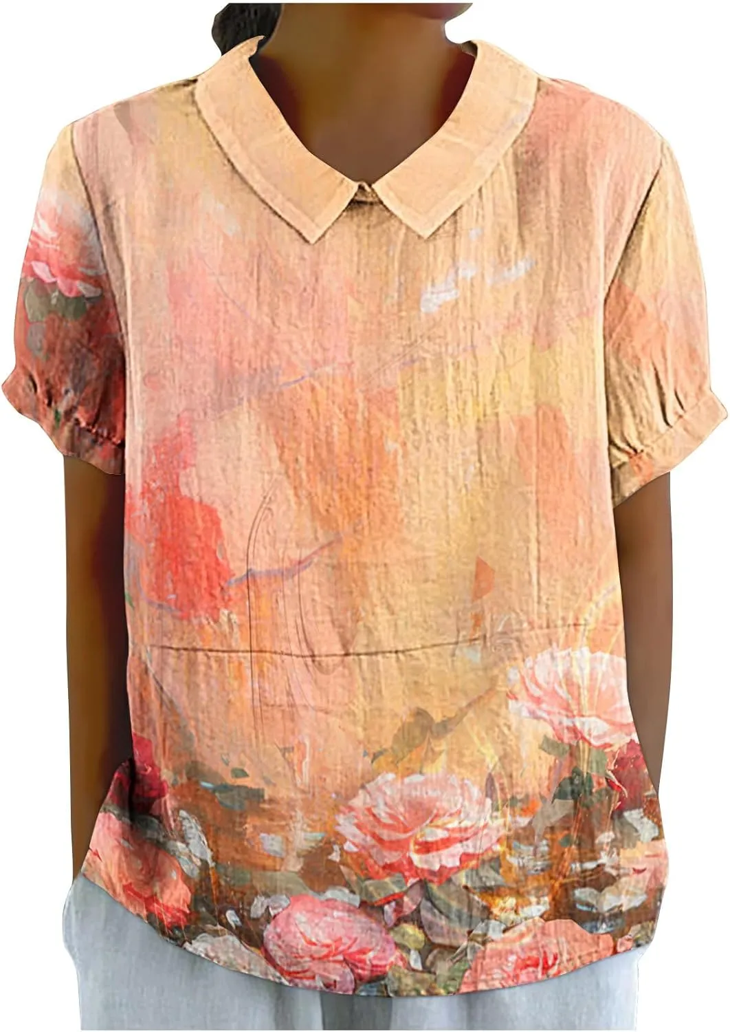 Linen Shirts for Women Summer Lightweight Short Sleeve Tunic Tshirts Cute Collared Tops Business Work Casual Blouses