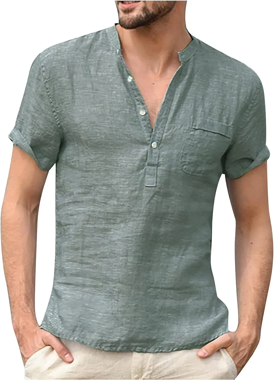 Linen Shirts Men Summer Henley Shirt with Pockets Button Up Hippie Casual Beach T Shirts Lightweight Tunic Tops