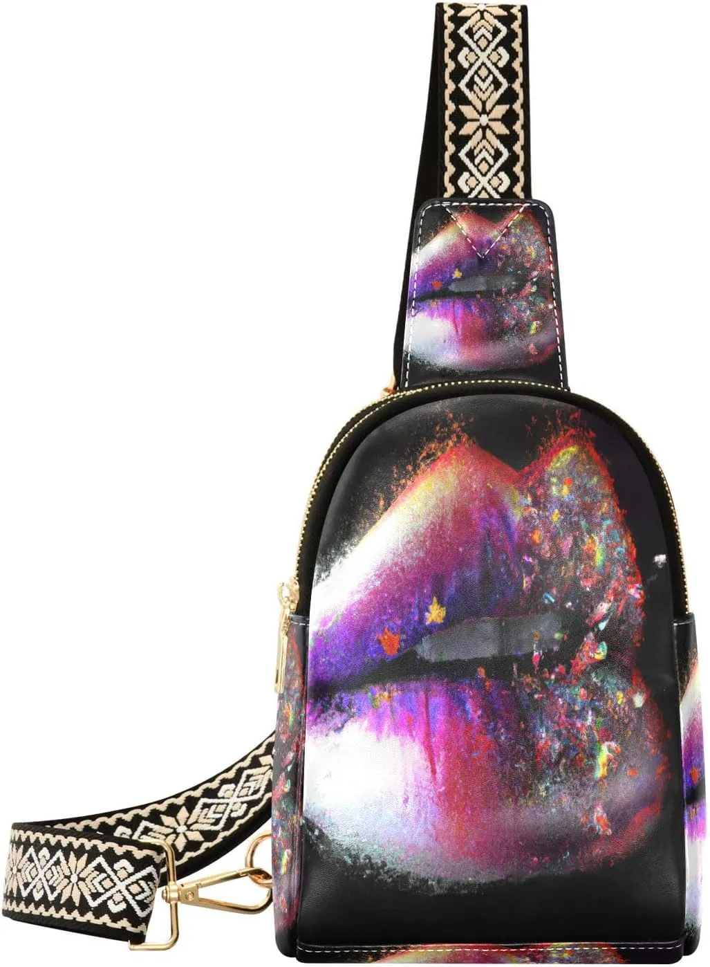 Lips Nebula Fanny Pack Crossbody PC Leather Small Sling Bag for Women Colorful Bling Mouth Fashion Waist Packs Chest Bag for Travel Sports Running Hiking