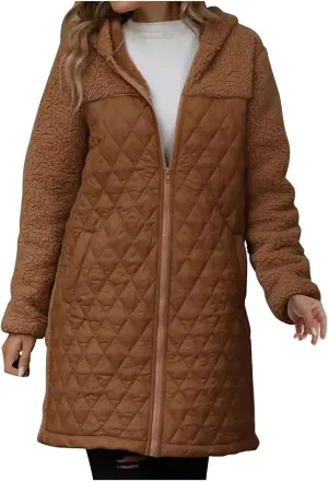 Long Fleece Jacket Women Zip Up Puffer Jacket Casual Sherpa Fuzzy Hoodie Oversized Fall Warm Winter Coat Outerwear