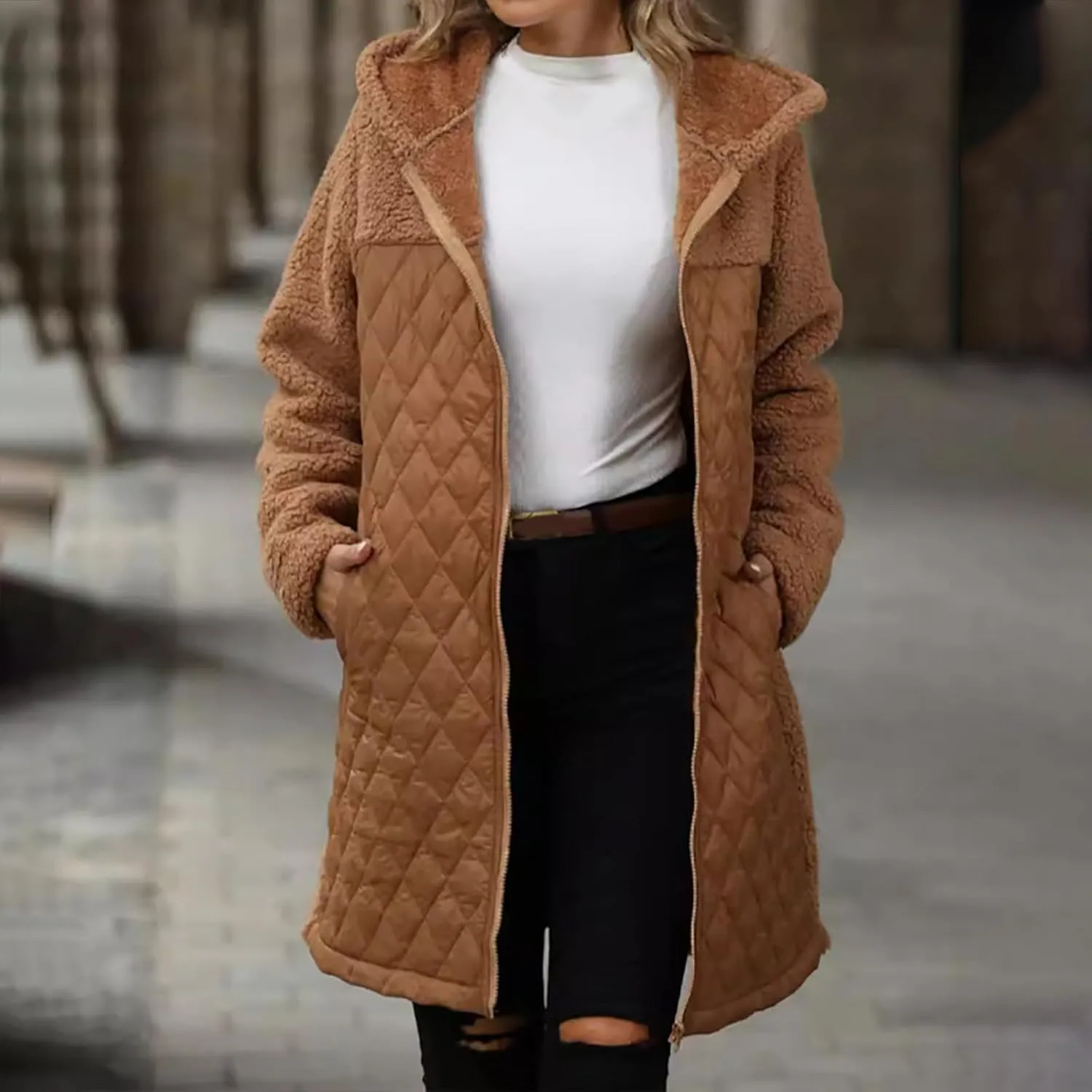 Long Fleece Jacket Women Zip Up Puffer Jacket Casual Sherpa Fuzzy Hoodie Oversized Fall Warm Winter Coat Outerwear