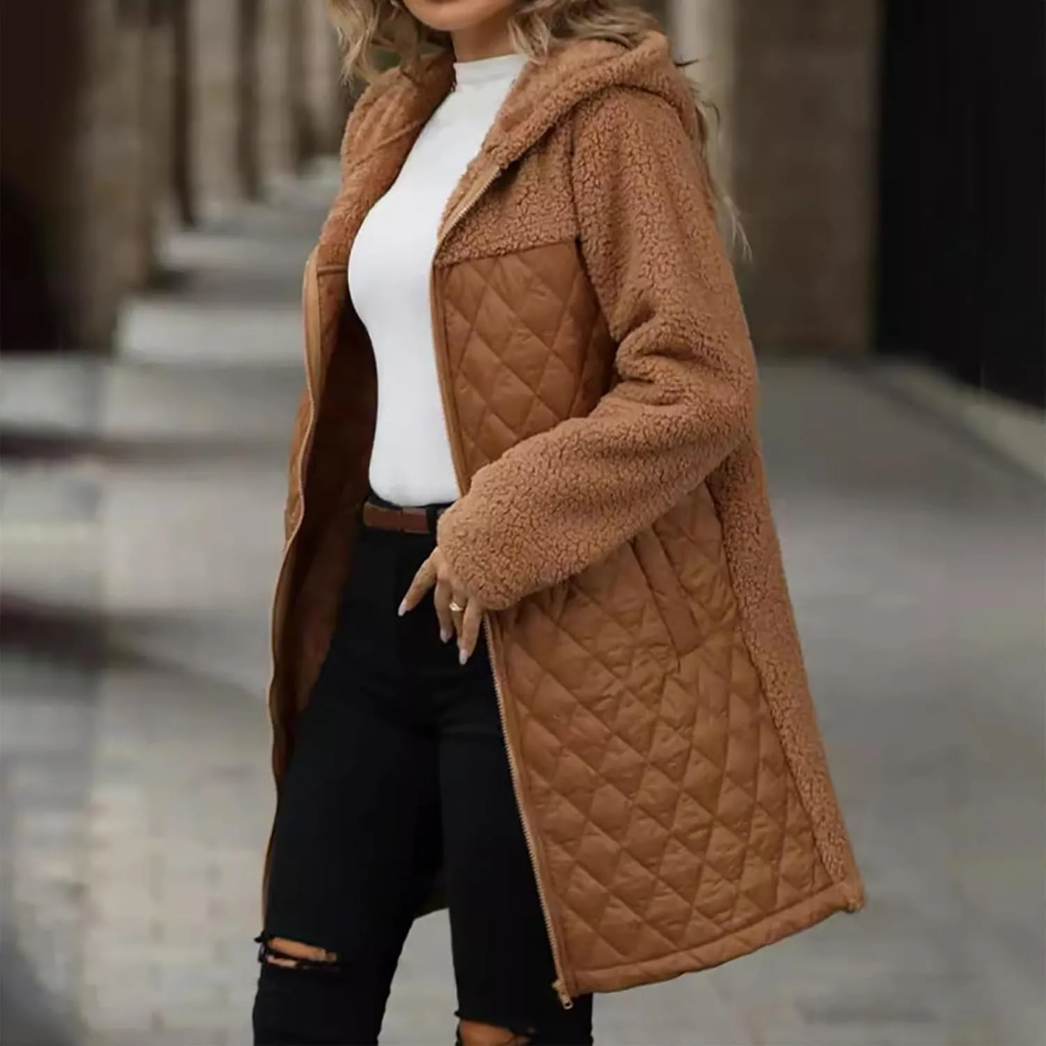 Long Fleece Jacket Women Zip Up Puffer Jacket Casual Sherpa Fuzzy Hoodie Oversized Fall Warm Winter Coat Outerwear