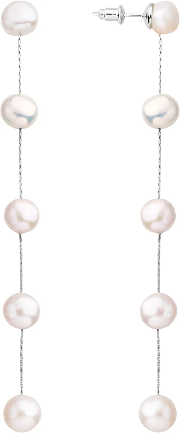 Long Pearl Dangle Earrings for Women 14K Gold Plated Sterling Silver Post Pearl Drop Tassel Earrings for Bridal Wedding
