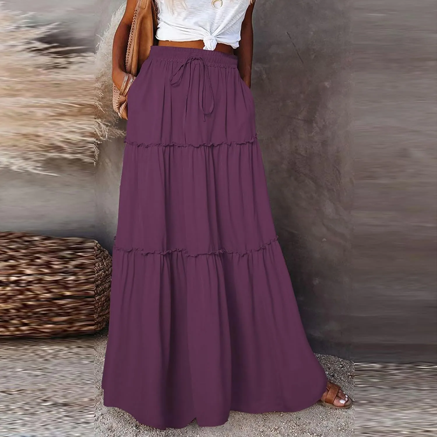 Long Skirts for Women,Elastic High Waisted Drawstring Flowy Maxi Skirts Trendy 2025 Summer Vacation Bohemian