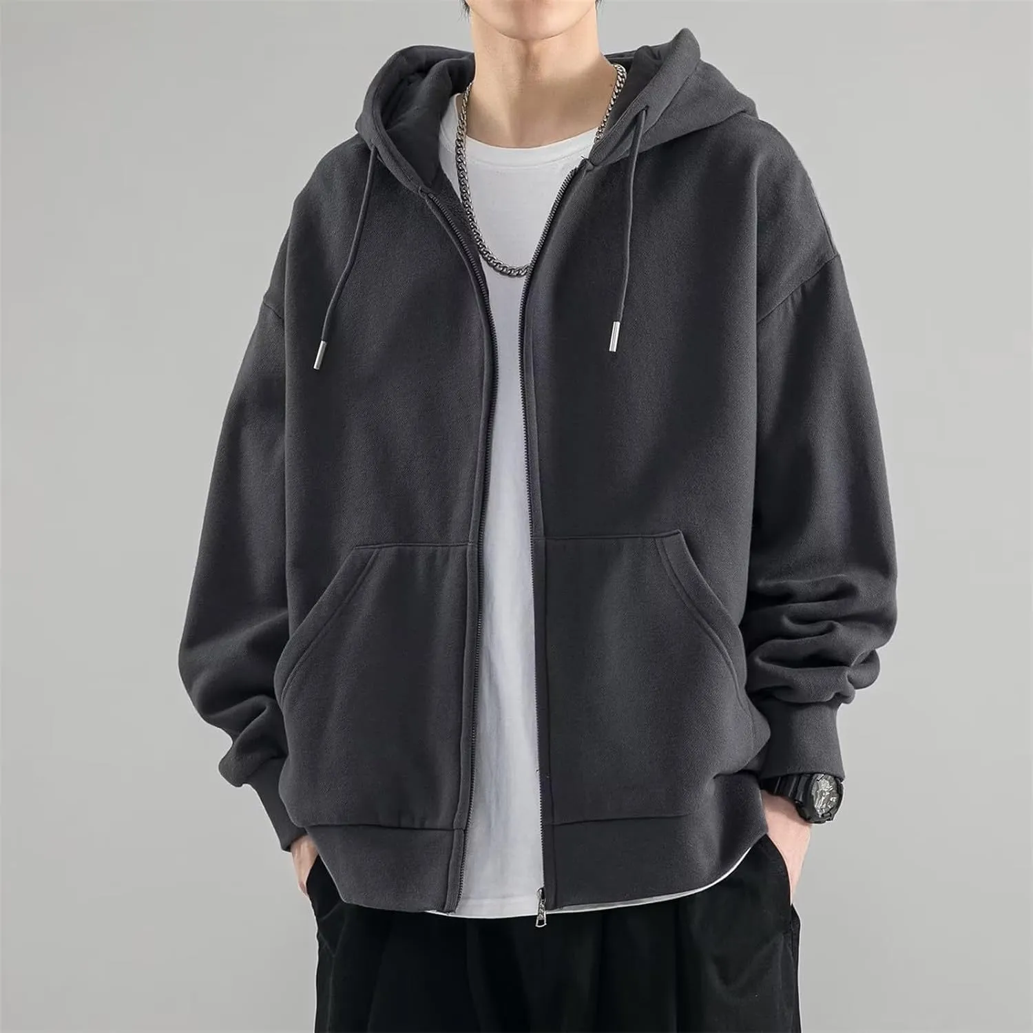 Long Sleeve Hooded Sweatshirt Pockets Mens Simple Casual Loose Hoodless Oversize Zipper Solid Stand Collar Hoodless