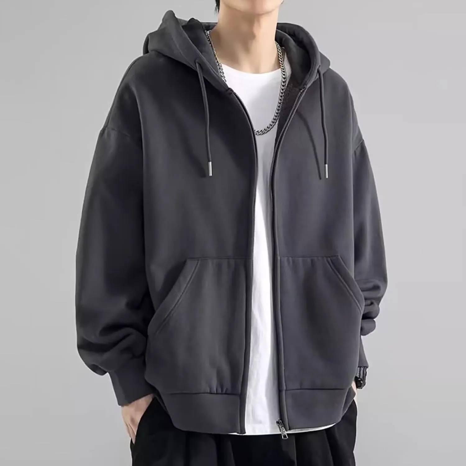Long Sleeve Hooded Sweatshirt Pockets Mens Simple Casual Loose Hoodless Oversize Zipper Solid Stand Collar Hoodless