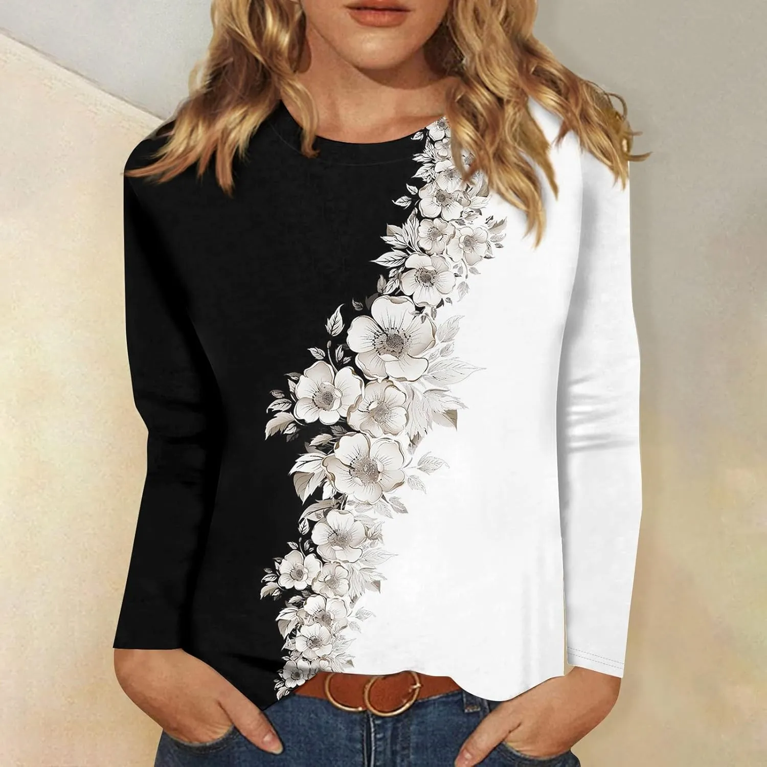 Long Sleeve Womens Tops 2024 Vintage Print Casual Loose with Round Neck Plus Size Shirts