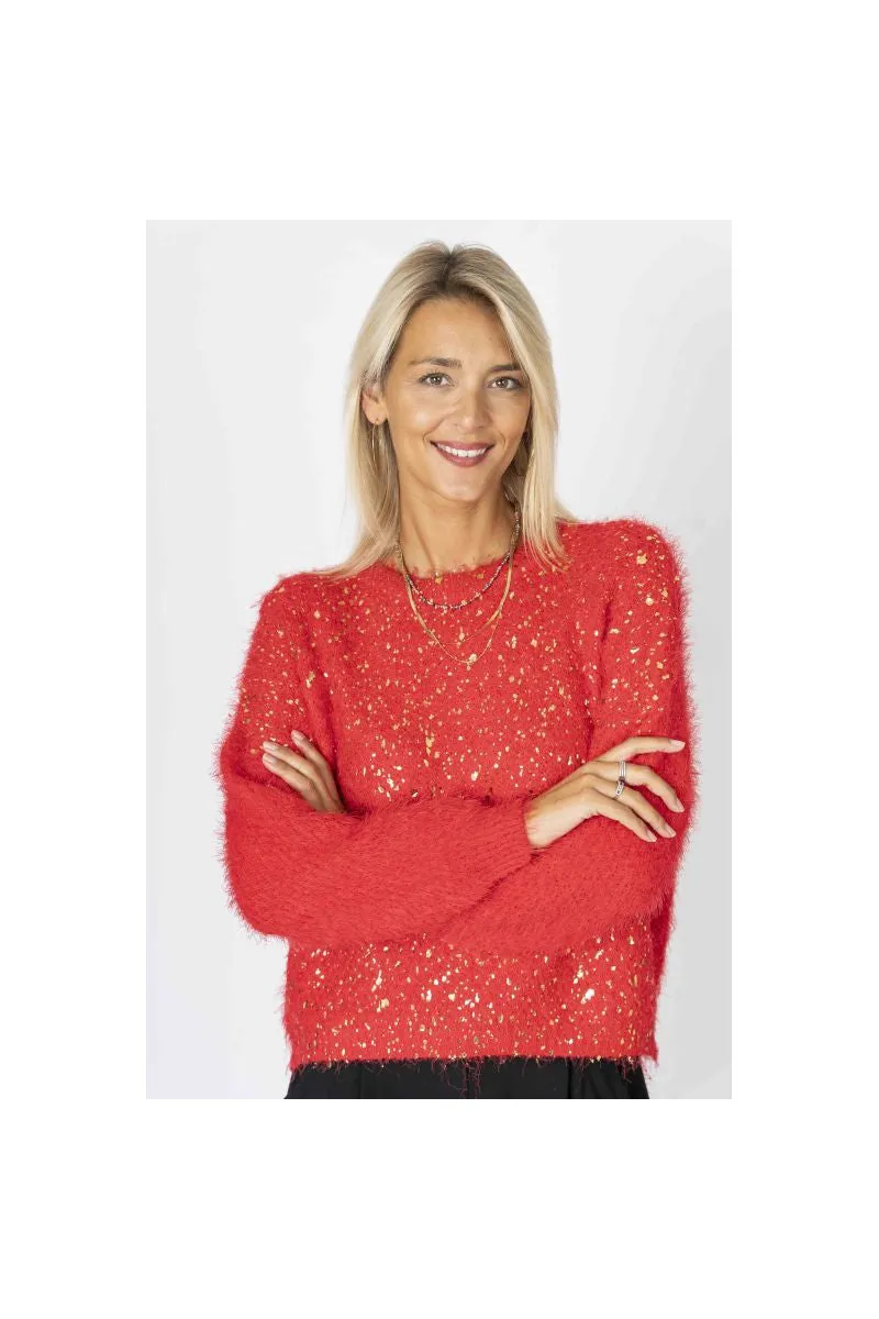 Look Mode Fluffy Sweater With Shimmer On Front In Red