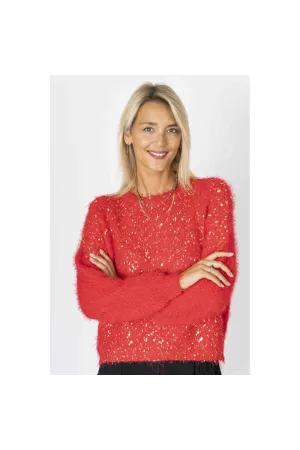 Look Mode Fluffy Sweater With Shimmer On Front In Red