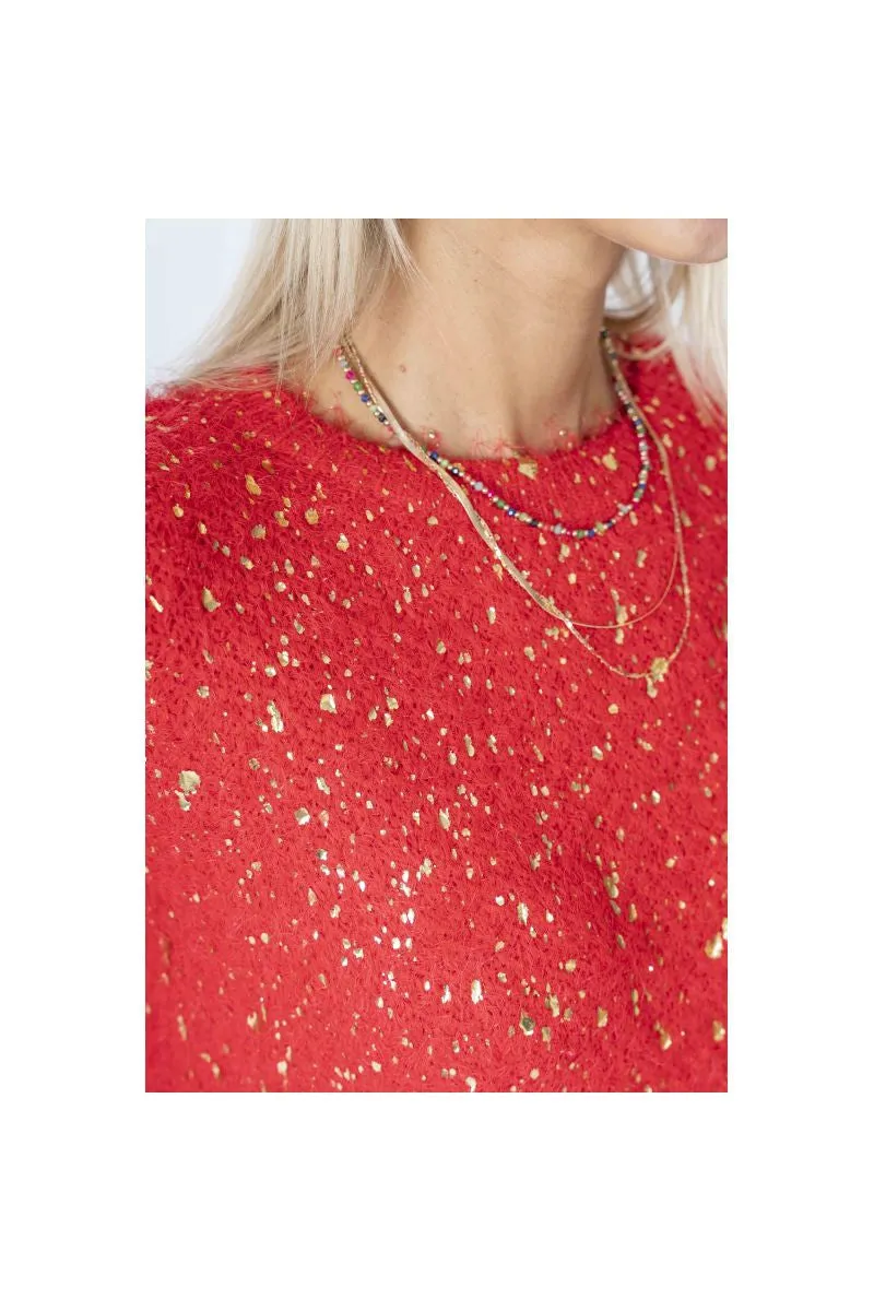 Look Mode Fluffy Sweater With Shimmer On Front In Red