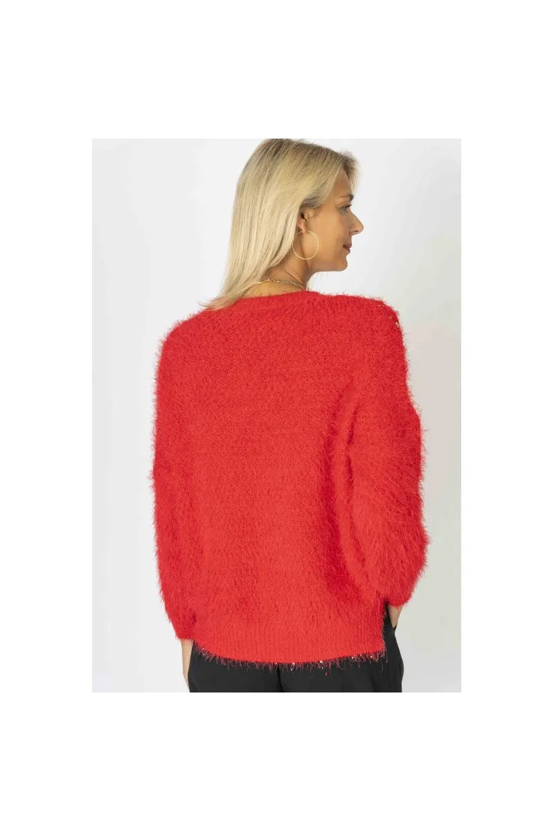 Look Mode Fluffy Sweater With Shimmer On Front In Red