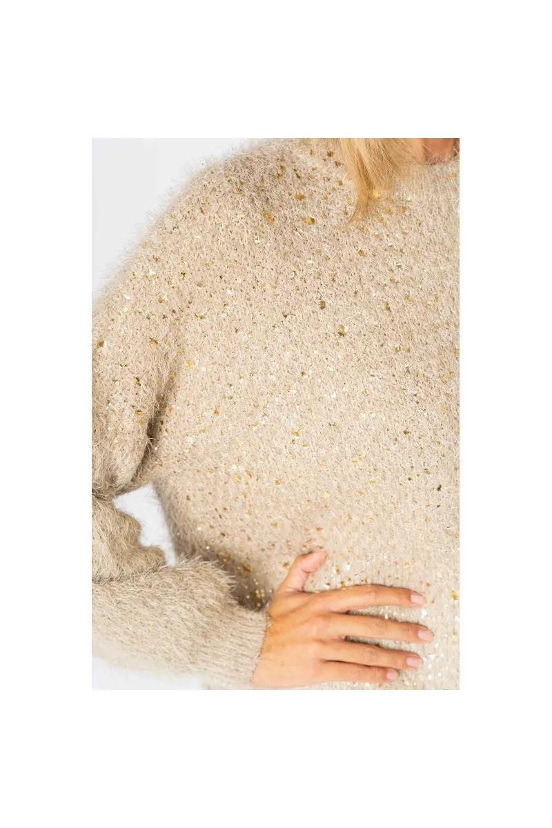 Look Mode Fluffy Sweater With Shimmer On Front In Taupe