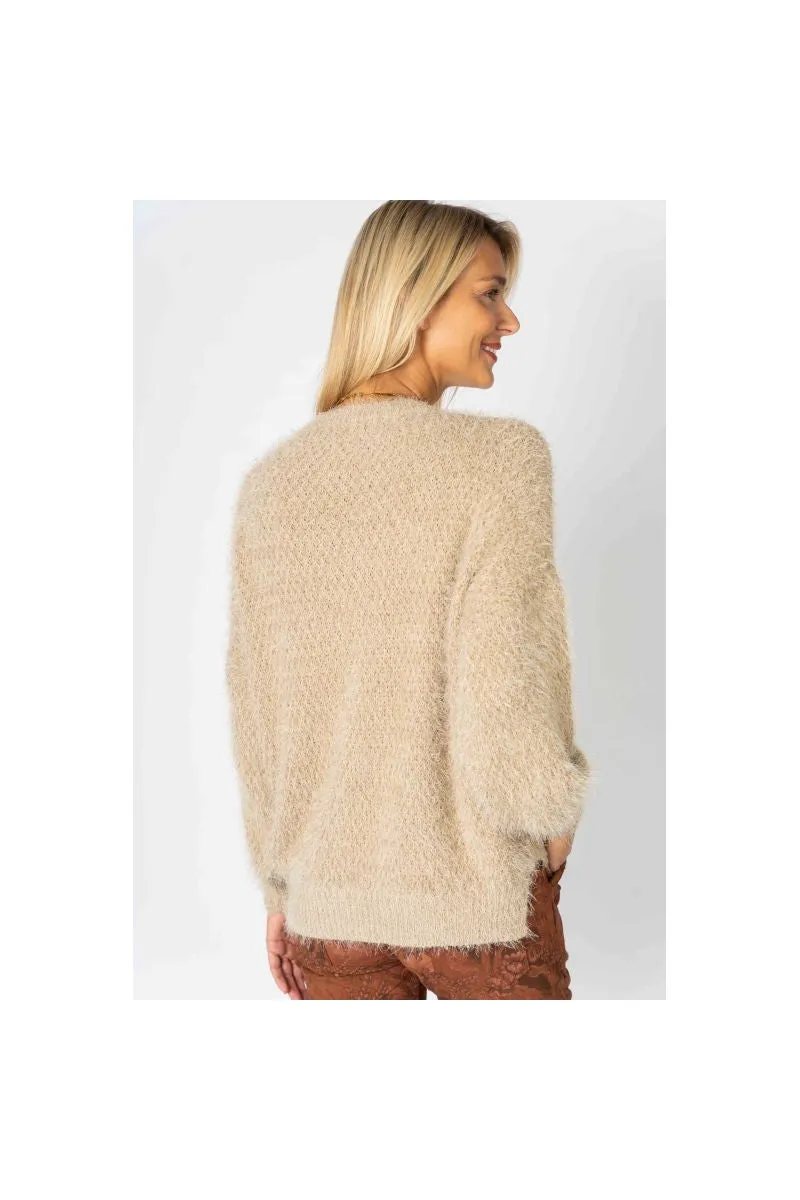 Look Mode Fluffy Sweater With Shimmer On Front In Taupe