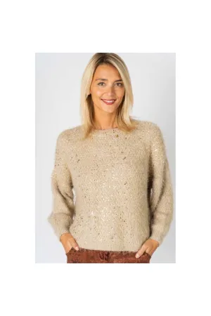 Look Mode Fluffy Sweater With Shimmer On Front In Taupe