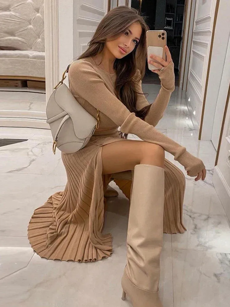 LVSANW Cryptographic Solid Sexy Sweater Cropped Top Midi Skirt Two Piece Set Women Matching Set Outfits Button Up Split Skirts Winter