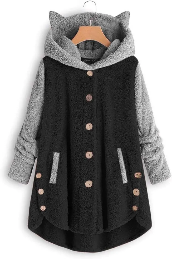 maisdgop Womens Sherpa Jacket Cute Cat Ear Fleece Hooded Sweatshirt Color Block Warm Winter Oversized Outerwear with Pockets