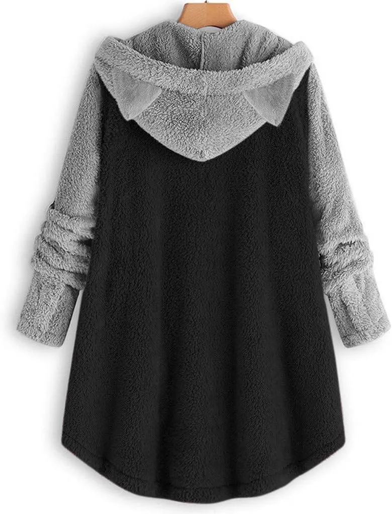 maisdgop Womens Sherpa Jacket Cute Cat Ear Fleece Hooded Sweatshirt Color Block Warm Winter Oversized Outerwear with Pockets