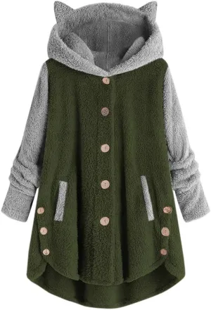 maisdgop Womens Sherpa Jacket Cute Cat Ear Fleece Hooded Sweatshirt Color Block Warm Winter Oversized Outerwear with Pockets