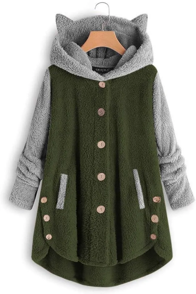 maisdgop Womens Sherpa Jacket Cute Cat Ear Fleece Hooded Sweatshirt Color Block Warm Winter Oversized Outerwear with Pockets
