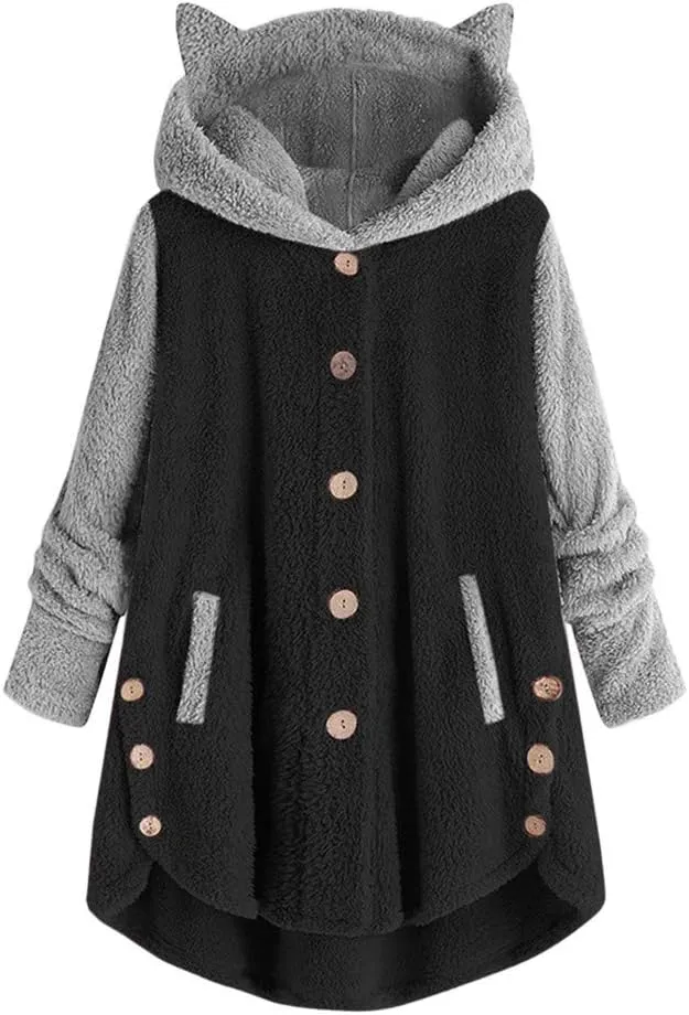maisdgop Womens Sherpa Jacket Cute Cat Ear Fleece Hooded Sweatshirt Color Block Warm Winter Oversized Outerwear with Pockets