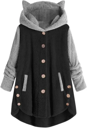 maisdgop Womens Sherpa Jacket Cute Cat Ear Fleece Hooded Sweatshirt Color Block Warm Winter Oversized Outerwear with Pockets