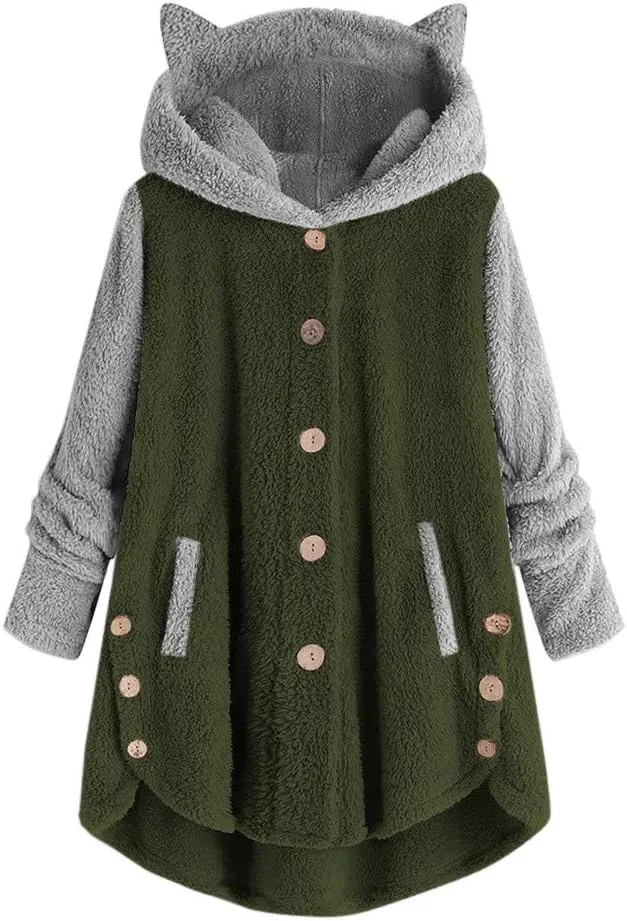 maisdgop Womens Sherpa Jacket Cute Cat Ear Fleece Hooded Sweatshirt Color Block Warm Winter Oversized Outerwear with Pockets