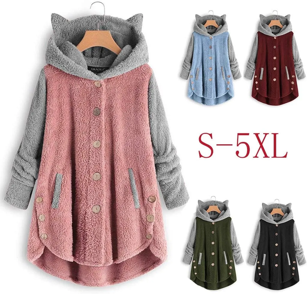 maisdgop Womens Sherpa Jacket Cute Cat Ear Fleece Hooded Sweatshirt Color Block Warm Winter Oversized Outerwear with Pockets