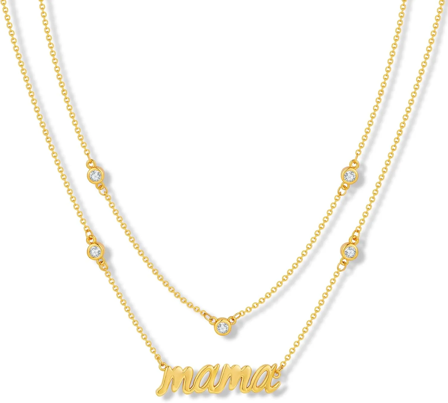 Mama Layered Necklaces 2 Row Gold Station Chain With Channel CZ Stone Mothers Day Gift