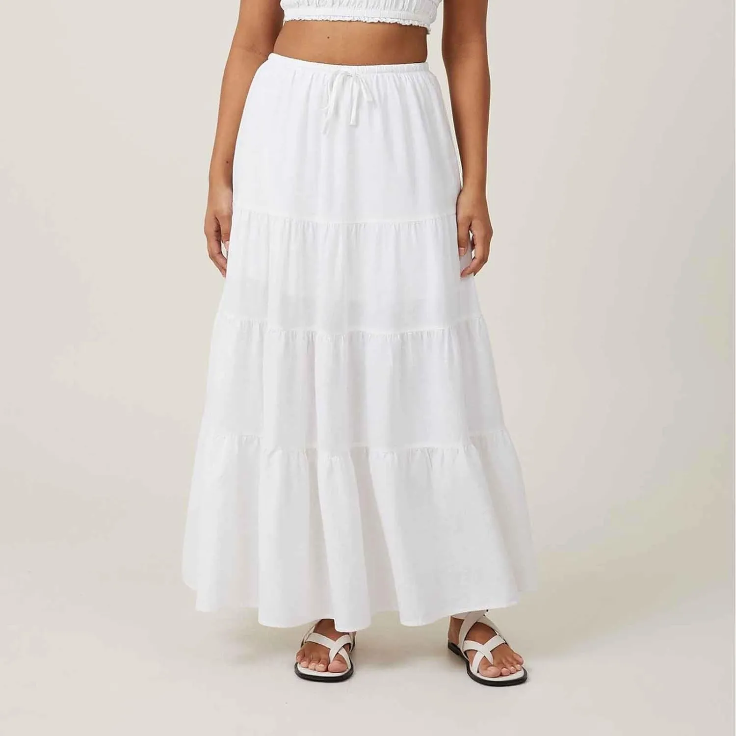 Maxi Skirts for Women Tiered Long Skirts High Waisted Pleated A Line Skirt Flowy Elastic Waist Skirt with Drawstring