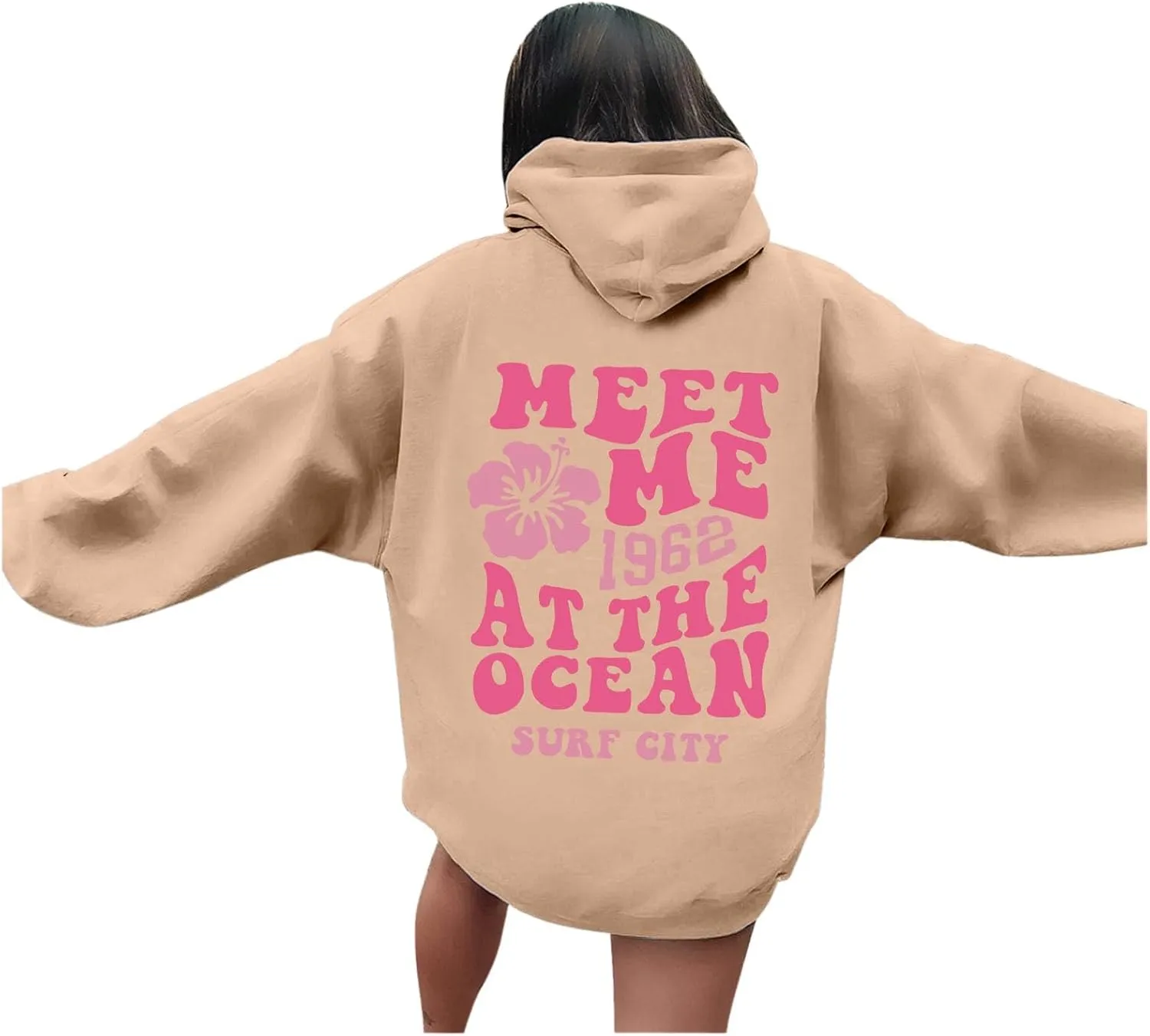 Meet Me at The Ocean Graphic Hoodie For Women Trendy Letter Printed Long Sleeve Hoodie Oversized Casual Pullover Tops