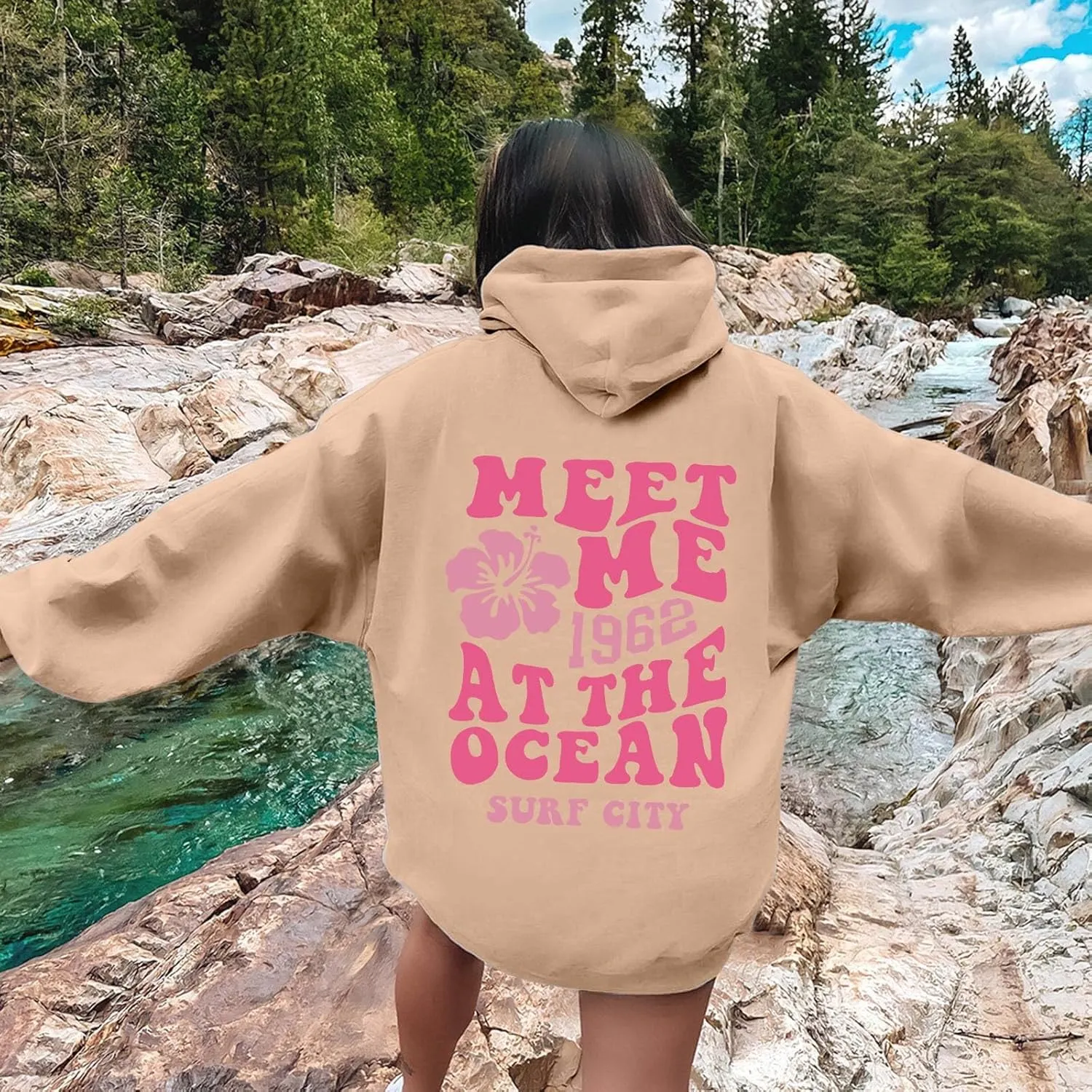 Meet Me at The Ocean Graphic Hoodie For Women Trendy Letter Printed Long Sleeve Hoodie Oversized Casual Pullover Tops